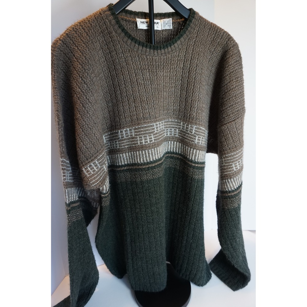 Vintage New Era Mens XL Knit Sweater Brown Green Colorblock Made in USA Wool Mix